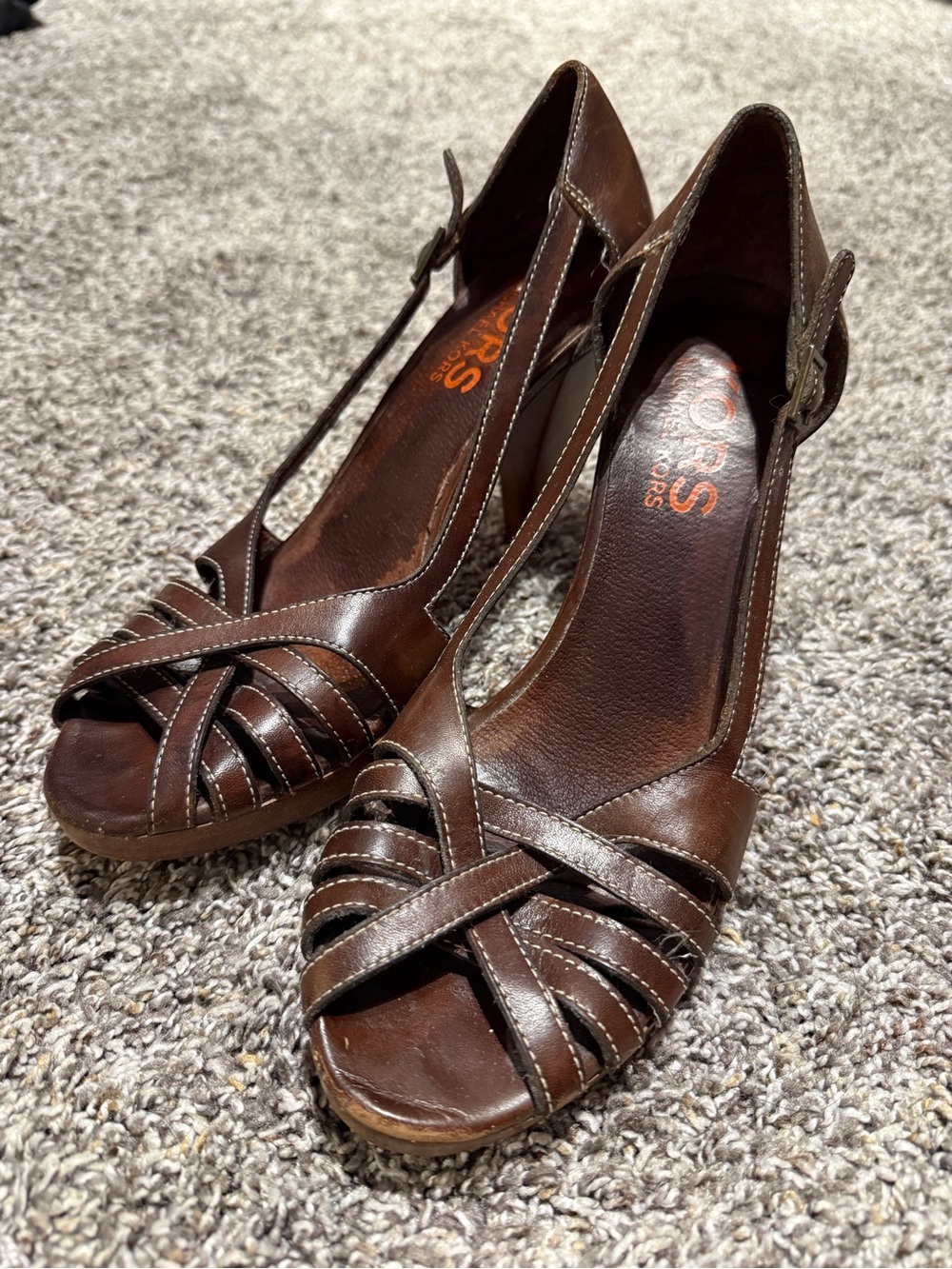 Michael Kors Dark Brown Leather T-Strap Peep Toe Heels